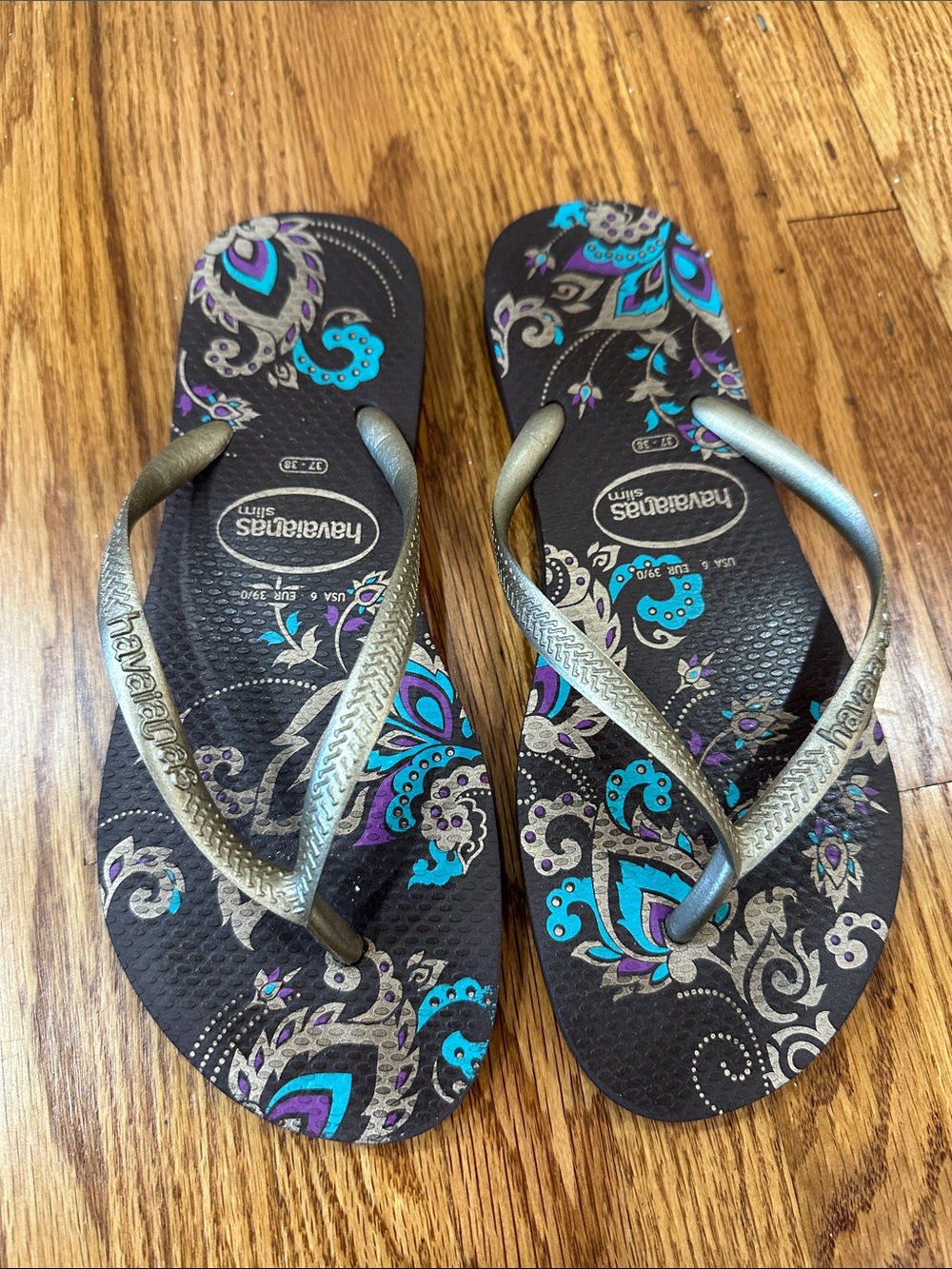 Havaianas Black Flip Flops with Teal, Purple & Gold Accents